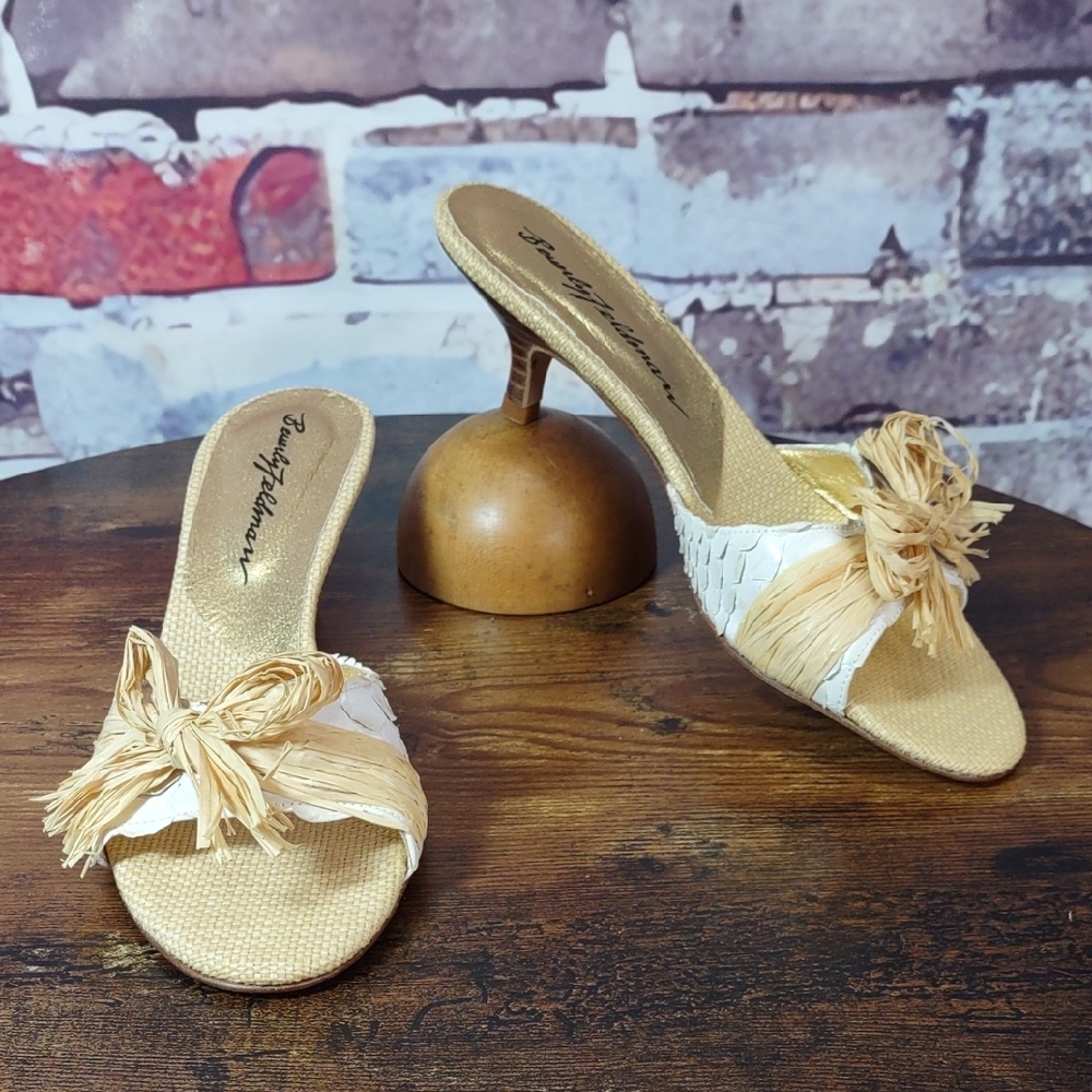 Beverly Feldman Straw Bow/Snakeskin Kitten Heel Slides